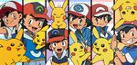  baseball_cap black_eyes black_hair brown_eyes gen_1_pokemon hat multiple_persona open_mouth pikachu pokemon pokemon_(anime) pokemon_(creature) satoshi_(pokemon) short_sleeves smile ukata watch wristwatch 