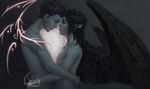  2017 angel black_feathers black_hair digital_media_(artwork) duo feathered_wings feathers grey_background hair jademere limited_pallet not_furry simple_background wings 