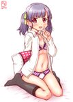  artist_logo black_legwear bra dated dress_shirt eyebrows_visible_through_hair green_ribbon hair_ribbon highres index_finger_raised kanon_(kurogane_knights) kantai_collection kneehighs looking_at_viewer ooshio_(kantai_collection) open_clothes open_mouth open_shirt panties pillow plaid plaid_bra plaid_panties purple_eyes purple_hair ribbon shirt short_hair short_twintails simple_background smile solo twintails underwear white_background white_shirt 