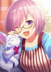  :3 ;d ^_^ apron bangs black-framed_eyewear blue_shirt closed_eyes curtains day eyebrows_visible_through_hair fate/grand_order fate_(series) fou_(fate/grand_order) glasses hair_over_one_eye haru_(hiyori-kohal) indoors long_sleeves looking_at_viewer mash_kyrielight one_eye_closed open_mouth petting shirt short_hair smile upper_body window 