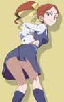  ahoge ass beige_background blue_dress blue_sash brown_hair closed_mouth commentary_request dress grey_eyes hair_ribbon hands_on_hips hanna_england haruyama_kazunori kneepits legs little_witch_academia long_sleeves looking_at_viewer luna_nova_school_uniform no_panties pinafore_dress ponytail ribbon school_uniform shirt simple_background smile socks solo standing thighs white_shirt yellow_ribbon 