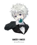  bangs black_hair black_jacket black_neckwear blue_eyes blush bow bowtie character_name closed_mouth collared_shirt copyright_name cropped_torso ekita_xuan eyebrows_visible_through_hair gloves holding hunter_x_hunter jacket killua_zoldyck long_sleeves looking_at_viewer male_focus messy_hair portrait shirt silver_hair simple_background smile solo tuxedo white_background white_gloves white_shirt wing_collar 