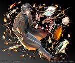  bottle broken_glass brown_footwear full_body glass grey_background grey_hair grey_pants hand_in_pocket jacket jewelry kaekae looking_at_hand male_focus necklace pants photo_(object) ring_box shoumetsu_toshi_2 solo standing stethoscope syringe 