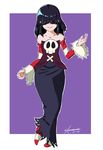  1girl bare_shoulders black_hair cosplay detached_collar detached_sleeves dress full_body goth gothic hair_over_eyes long_skirt lucy_loud no_shoes skirt skullgirls smile socks squigly_(skullgirls)_(cosplay) striped striped_legwear striped_sleeves tenayuca the_loud_house 