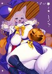  animal_ears blue_eyes blush breasts ears_through_headwear furry halloween halloween_costume hat huge_breasts jack-o'-lantern kishibe panties pantyshot pumpkin simple_background snout solo underwear white_hair witch_hat 