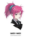  bangs black_jacket black_neckwear blush bow bowtie character_name collared_shirt copyright_name cropped_torso ekita_xuan eyebrows_visible_through_hair hair_between_eyes hunter_x_hunter jacket looking_at_viewer machi_(hunter_x_hunter) parted_lips pink_hair ponytail portrait purple_eyes shirt simple_background solo tuxedo white_background white_shirt wing_collar 