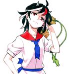  ahoge black_hair flat_color horns kijin_seija looking_at_viewer meimaru_inuchiyo miracle_mallet multicolored_hair red_eyes sailor_collar short_hair slit_pupils solo touhou white_background 