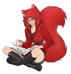  animal_humanoid belt book boots casimira_(orannis0) clothing crossed_legs eyewear female fluffy fluffy_tail footwear glasses green_eyes hair humanoid liche mammal reading red_hair rodent sitting solo squirrel_humanoid 