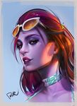  blue_background commentary_request cote_d'azur_widowmaker eyelashes eyewear_on_head lips long_hair looking_at_viewer nose overwatch peter_xiao portrait purple_lips purple_skin red_hair sideways_glance signature simple_background sketch solo sunglasses widowmaker_(overwatch) yellow_eyes 