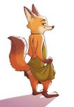  2017 anthro big_butt butt canine clothed clothing clothing_lift crossdressing dipstick_tail disney dress fox fuel_(artist) gloves_(marking) looking_back male mammal markings multicolored_tail nick_wilde no_underwear rear_view simple_background skirt skirt_lift smile socks_(marking) solo standing white_background zootopia 