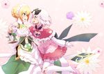  black_bow blonde_hair boots bow bowtie braid brooch eye_contact flower flower_knight_girl frilled_hairband frills gem gloves green_skirt hair_bow hair_flower hair_ornament hairband holding_hands jewelry looking_at_another mizunashi_(second_run) multiple_girls nichinichisou_(flower_knight_girl) pantyhose pink_skirt profile red_eyes shawl short_hair skirt smile suiren_(flower_knight_girl) thigh_boots thighhighs white_footwear white_gloves white_hair white_hairband white_legwear yellow_bow yellow_eyes 