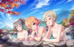  3girls artist_request autumn autumn_leaves bangs bathing blush cloud collarbone dark_illuminate day eyebrows_visible_through_hair eyes_closed grey_hair hair_between_eyes highres idolmaster idolmaster_cinderella_girls idolmaster_cinderella_girls_starlight_stage kanzaki_ranko leaf long_hair maple_leaf mountain multicolored_hair multiple_girls naked_towel nature ninomiya_asuka official_art onsen open_mouth orange_hair outdoors parted_bangs partially_submerged pink_eyes purple_eyes raised_eyebrows rock scenery shiomi_shuuko short_hair sky smile sunlight sweat tied_hair towel towel_on_head tree two-tone_hair water 