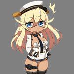  1girl anahoriya ass_visible_through_thighs azur_lane bangs belt belt_buckle black_belt black_legwear blonde_hair blue_eyes blue_neckwear blush breasts buckle buttons cleavage crossed_bangs dark_skin detached_collar dress eyebrows eyebrows_visible_through_hair eyelashes grey_background hair_between_eyes hat large_breasts long_hair looking_away microdress motion_lines no_bra open_mouth outline panties pantyshot pantyshot_(standing) shiny shiny_skin short_dress simple_background skindentation solo standing sweat tennessee_(azur_lane) thigh_gap thigh_strap thighhighs underwear very_long_hair white_dress white_hat white_outline 