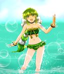  bare_shoulders breasts cleavage collarbone day green_eyes green_hair highres long_hair looking_at_viewer medium_breasts multi-tied_hair navel ocean outdoors ponytail ribbon saga saga_frontier_2 sg_dahlia smile solo swimsuit virginia_knights 