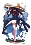  barefoot black_coat black_hair braid commentary_request frills hashiro hat long_coat long_hair long_sleeves red_eyes straw_hat touhou twin_braids twintails wide_sleeves yatadera_narumi 