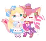  2girls artist_request blonde_hair boots cat cat_busters character_request furry hair_ribbon hugging long_hair multiple_girls pink_hair 