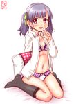  artist_logo black_legwear blush bra dated dress_shirt eyebrows_visible_through_hair green_ribbon hair_ribbon highres index_finger_raised kanon_(kurogane_knights) kantai_collection kneehighs looking_at_viewer ooshio_(kantai_collection) open_clothes open_mouth open_shirt panties pillow plaid plaid_bra plaid_panties purple_eyes purple_hair remodel_(kantai_collection) ribbon shirt short_hair short_twintails simple_background sitting smile solo twintails underwear wariza white_background white_shirt 