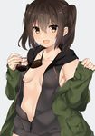  :d bangs black_hair breasts brown_eyes commentary_request eyebrows_visible_through_hair grey_background hair_between_eyes holding hood hoodie jacket kantai_collection looking_at_viewer navel open_clothes open_jacket open_mouth sendai_(kantai_collection) sidelocks simple_background sleeveless small_breasts smile solo sunglasses twintails upper_body yuzuttan zipper 