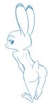  2017 anthro blue_and_white blush butt disney female fuel_(artist) judy_hopps lagomorph leaning leaning_forward looking_back mammal monochrome nude rabbit rear_view simple_background solo standing white_background zootopia 