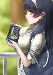  :o absurdres bag bangs black_hair blue_nails blunt_bangs blurry blurry_background blush bo_li_wei_ling breasts collared_shirt commentary_request depth_of_field duffel_bag eyebrows_visible_through_hair from_side girls_frontline hairband highres holding large_breasts long_hair nail_polish nintendo_switch parted_lips playing_games profile qbz-95_(girls_frontline) railing school_uniform shiny shiny_hair shirt solo upper_body white_hairband white_shirt wing_collar yellow_eyes 