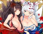  akagi_(azur_lane) animal_ears azur_lane bangs bare_shoulders bikini black_hair blue_eyes blunt_bangs breasts cisyo cleavage closed_mouth collarbone commentary_request fang fox_ears fox_tail highres kaga_(azur_lane) kitsune large_breasts long_hair looking_at_viewer multiple_girls multiple_tails orange_eyes parted_lips scrunchie short_hair smile swimsuit tail two_side_up upper_body white_hair white_scrunchie wrist_scrunchie 