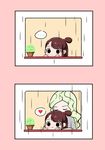  2koma :&gt; :&lt; before_and_after blush chibi closed_eyes comic commentary diana_cavendish doujinshi from_outside frown happy heart highres hug hug_from_behind kagari_atsuko little_witch_academia plant potted_plant rain rey_2911 smile spoken_ellipsis spoken_heart textless wide-eyed window yuri 
