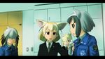  :d alpaca_ears alpaca_suri_(kemono_friends) alternate_costume animal_ears bangs black_hair black_jacket black_neckwear blonde_hair blue_jacket bottle brown_eyes business_suit chromatic_aberration collared_shirt commentary common_raccoon_(kemono_friends) emblem expressionless eyebrows_visible_through_hair fennec_(kemono_friends) formal fox_ears fur_collar green_eyes green_neckwear hair_between_eyes hair_over_one_eye holding holding_bottle indoors jacket kemono_friends letterboxed long_sleeves movie_reference multicolored_hair multiple_girls necktie open_mouth police police_uniform profile raccoon_ears shin_godzilla shirt shoebill_(kemono_friends) short_hair simple_background smile streaked_hair suit tareme tsurime ueyama_michirou uniform upper_body water_bottle white_hair white_shirt wing_collar 