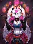  2017 5_fingers anthro breasts digital_media_(artwork) feline female hair looking_at_viewer mammal navel nipples pink_nose red_eyes smile solo tiger vexstacy white_hair 