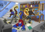  anthro artifacts basement book chaosmiles claws clothing computer dragon footwear horn human iothisk laptop male mammal melee_weapon mtt3 pants paws plantigrade polearm poster scalie scythe shirt shoes stairs statuettes sword tail_growth thick_tail torn_clothing transformation weapon zerat 