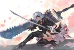  ass black_dress black_hairband blindfold boots breasts commentary covered_eyes dress dual_wielding feather-trimmed_sleeves fighting_stance floating_swords hairband high_heel_boots high_heels holding huge_weapon jet_kimchrea katana long_sleeves medium_breasts nier_(series) nier_automata one_knee panties pantyshot petals silver_hair solo sword thigh_boots thighhighs thighhighs_under_boots trefoil underwear weapon white_panties yorha_no._2_type_b 