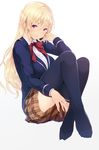  blazer blonde_hair bow bowtie breasts cait full_body gradient highres jacket large_breasts long_hair looking_at_viewer nakiri_erina navy_blue_legwear no_shoes parted_lips plaid plaid_skirt purple_eyes school_uniform shokugeki_no_souma skirt solo thighhighs toes tootsuki_saryou_ryouri_gakuen_uniform 