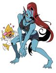  alphys anthro blush breasts cleavage clothed clothing eye_patch eyewear fish grin hair long_hair marine ponytail red_hair shirt simple_background smile standing tank_top undertale undyne video_games white_background yellow_eyes yugaiga 