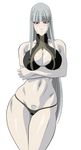  1girl bare_shoulders bikini blush breasts cleavage cleavage_cutout crossed_arms erect_nipples female lime_(pixiv1233996) lime_(purple_haze) long_hair midriff pale_skin pubic_hair red_eyes selvaria_bles senjou_no_valkyria senjou_no_valkyria_1 silver_hair solo swimsuit valkyria_chronicles white_background 