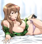  bare_shoulders breasts brown_hair bursting_breasts camouflage choker cleavage derringer earrings gun handgun jewelry large_breasts long_hair lupin_iii lying mine_fujiko nail_polish navel on_side panties pink_nails red_eyes side-tie_panties sleeves_rolled_up smile solo thigh_gap ueyama_michirou underwear weapon 