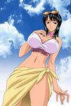  areolae bangs bikini bikini_top black_hair blue_eyes blue_sky breasts breasts_apart cleavage cloth cloud cloudy_sky collarbone cowboy_shot erect_nipples from_below glasses glasses_on_head halterneck huge_breasts long_hair looking_down lowleg midriff navel nel-zel_formula nico_robin nipples no_panties one_piece outdoors revealing_clothes sarong shiny shiny_hair short_hair side_slit skirt sky solo sunglasses sunglasses_on_head swimsuit yellow_skirt 