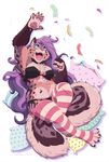  2017 breasts chest_tuft claws clothed clothing feline female hair lingerie long_hair loupgarou mammal midriff open_mouth pawpads paws pillow purple_hair slightly_chubby solo toe_claws tuft 