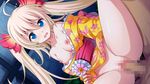  1girl blonde_hair blue_eyes breasts censored dmm game_cg japanese_clothes kimono kimono_lift kimono_pull long_hair nipples red_corruption sex traditional_clothes twintails vaginal 