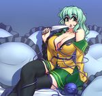  alternate_breast_size bangs between_breasts black_bra black_legwear blouse blue_background bra breasts cleavage commentary crossed_legs eyebrows_visible_through_hair floral_print garter_straps green_eyes green_hair green_nails green_skirt hand_up hater_(hatater) highres holding holding_knife knife komeiji_koishi large_breasts leaning_back looking_at_viewer messy_hair miniskirt nail_polish off_shoulder older pillow sitting skirt solo thighhighs third_eye tongue touhou underwear 