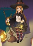  :d belt black_skirt blue_eyes blush bow broom brown_hair cloak cristalavi fence halloween hat hat_bow highres holding_lantern jack-o'-lantern lantern long_hair looking_at_viewer mary_janes miniskirt open_mouth original outdoors pumpkin shirt shoes skirt smile solo standing striped striped_legwear thighhighs trick_or_treat white_shirt witch witch_hat zettai_ryouiki 