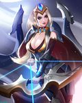  arm_guards arrow ashe_(league_of_legends) blonde_hair blue_eyes bow_(weapon) breasts cape championship_ashe cleavage closed_mouth glowing glowing_weapon headgear highres holding holding_bow_(weapon) holding_weapon large_breasts league_of_legends light_particles lips long_hair looking_at_viewer mcdobo medium_breasts ponytail weapon 