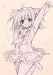  :d ahoge arm_up bangs beige_background blush eyebrows_visible_through_hair frilled_skirt frills hair_between_eyes hair_ribbon head_tilt long_hair long_sleeves looking_at_viewer monochrome neckerchief open_mouth original purinko ribbon school_uniform sepia serafuku shoes simple_background skirt smile socks solo standing standing_on_one_leg star translated 