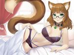  :3 animal_ears arm_support bangs bed bed_sheet black-framed_eyewear blunt_bangs breasts brown_hair clover collar cristalavi curtains eyebrows_visible_through_hair glasses green_eyes highres large_breasts long_hair looking_at_viewer lying melody_(mellybyte) navel on_bed on_side original pillow pink_lips solo tail 