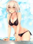  arm_support bikini black_bikini blush breasts cleavage cloud cloudy_sky collarbone cowboy_shot day eyebrows_visible_through_hair fate/grand_order fate_(series) groin hair_between_eyes highres jeanne_d'arc_(alter)_(fate) jeanne_d'arc_(fate)_(all) kano_(kanokano44) large_breasts looking_at_viewer open_mouth outdoors short_hair side-tie_bikini sideboob signature silver_hair sky solo swimsuit wet yellow_eyes 