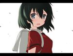  :d backpack bag bangs black_hair from_side grey_eyes hair_between_eyes iwahana kaban_(kemono_friends) kemono_friends letterboxed looking_at_viewer looking_to_the_side open_mouth red_shirt shirt short_hair smile solo 