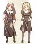  blonde_hair blush breasts cassock commentary_request drill_hair grey_background habit jewelry long_hair mahou_shoujo_madoka_magica medium_breasts multiple_girls nun one_eye_closed pantyhose pink_hair red_eyes renji_(orange_ize) ring sakura_kyouko side_slit thighhighs tomoe_mami 