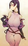  bare_shoulders breasts fate/grand_order fate_(series) honda_(obon) huge_breasts long_hair looking_to_the_side minamoto_no_raikou_(fate/grand_order) purple_eyes purple_hair sitting solo very_long_hair 