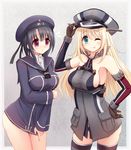  ;p alternate_costume aqua_eyes atago_(kantai_collection) bismarck_(kantai_collection) bismarck_(kantai_collection)_(cosplay) black_hair blonde_hair breasts clothes_writing commentary_request cosplay covering covering_crotch hat kantai_collection large_breasts long_hair looking_at_viewer multiple_girls one_eye_closed peaked_cap purple_eyes revision rizuriri sailor_hat short_hair sideboob takao_(kantai_collection) thighhighs tongue tongue_out z1_leberecht_maass_(kantai_collection) z1_leberecht_maass_(kantai_collection)_(cosplay) 