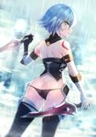  arm_belt ass backless_outfit backlighting bandaged_arm bandages bangs bare_shoulders belt black_belt black_gloves black_legwear black_panties black_shirt blurry blurry_background blurry_foreground buckle butt_crack clock clock_tower cloud cloudy_sky dagger day dual_wielding eyebrows_visible_through_hair facial_scar fate/apocrypha fate_(series) fingerless_gloves fog from_behind gloves green_eyes halter_top halterneck holding holding_knife holding_weapon jack_the_ripper_(fate/apocrypha) knife lamppost legs looking_at_viewer looking_back lowleg lowleg_panties moe_(hamhamham) outdoors panties parted_lips profile rain reverse_grip scar scar_on_cheek serious shirt short_hair shoulder_tattoo silver_hair single_glove sky sleeveless sleeveless_shirt solo standing tattoo thighhighs tower tsurime turtleneck underwear weapon 