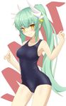 blue_swimsuit blush breasts cleavage collarbone cowboy_shot eyebrows_visible_through_hair fate/grand_order fate_(series) floating_hair green_hair hair_between_eyes hair_ornament high_ponytail highres horns kiyohime_(fate/grand_order) kiyohime_(swimsuit_lancer)_(fate) long_hair medium_breasts one-piece_swimsuit one_eye_closed ouka753 school_swimsuit shiny shiny_skin simple_background smile solo swimsuit very_long_hair yellow_eyes 