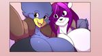  2016 absurd_res anthro avian beak big_breasts bird black_feathers black_nose breasts busty_bird cleavage clothed clothing corvid crow duo feathers female hair hi_res huge_breasts hyper hyper_breasts jaeh long_hair mammal non-mammal_breasts open_beak open_mouth open_smile procyonid purple_eyes purple_hair raccoon red_eyes selfie shina_(daigo) smile 